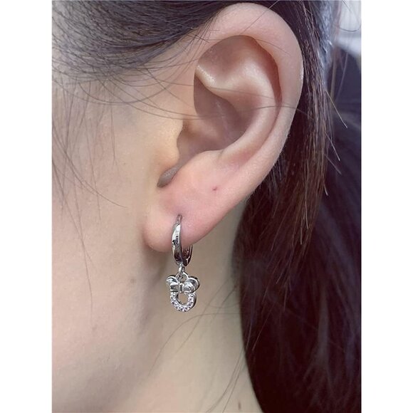 Women Silver Small Mouse Dangle Hoop Earrings Sterling Cubic Zirconia Charm - Picture 4 of 5